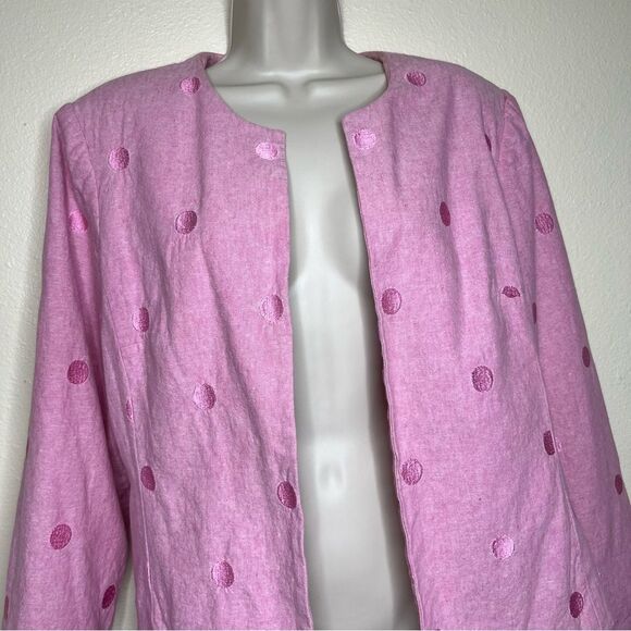 Kim Rogers Signature Pink Linen Polka Dot Embroidered Open Front Jacket Women 14 - Picture 3 of 11